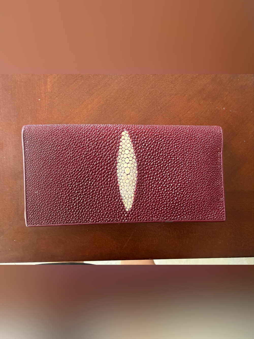 Genuine Stingray Leather Pearl Eye Long Wallet - Burgundy